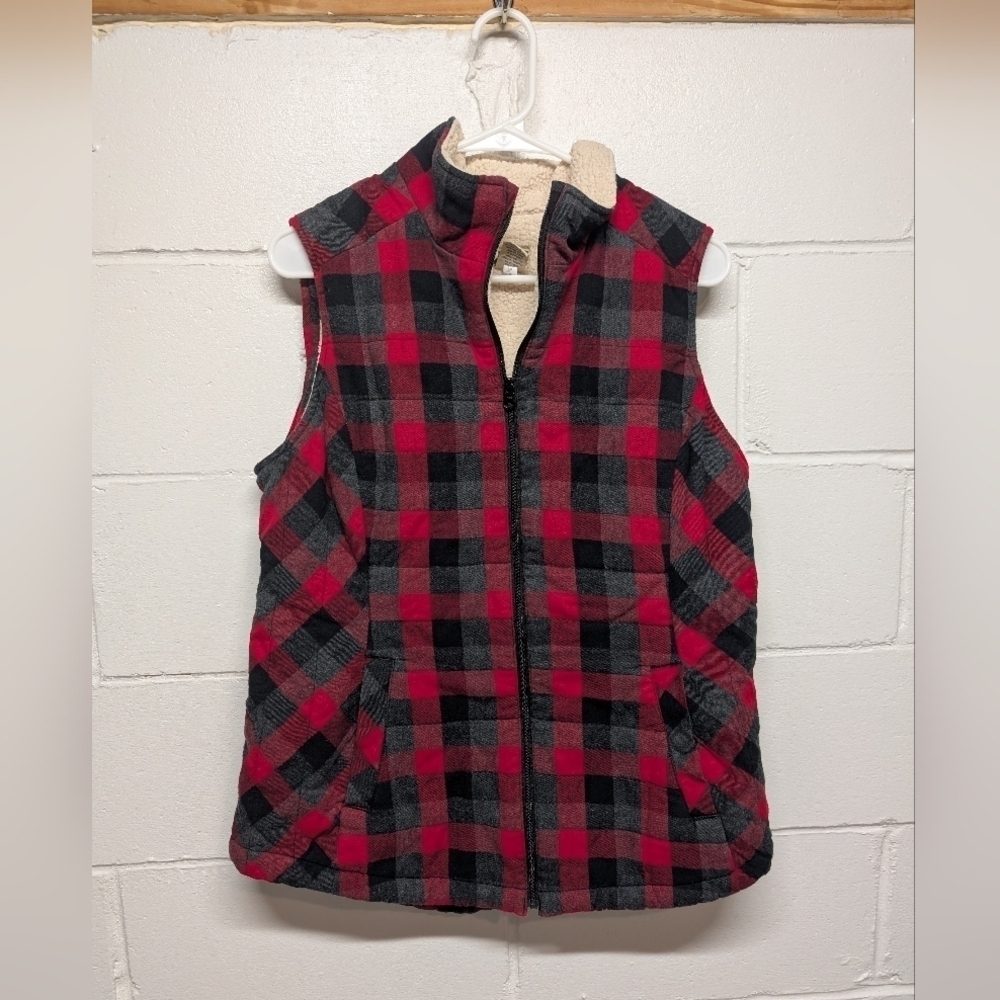 Duluth Trading Co Womens Red Black Buffalo Plaid Full Zip Sherpa Vest Medium